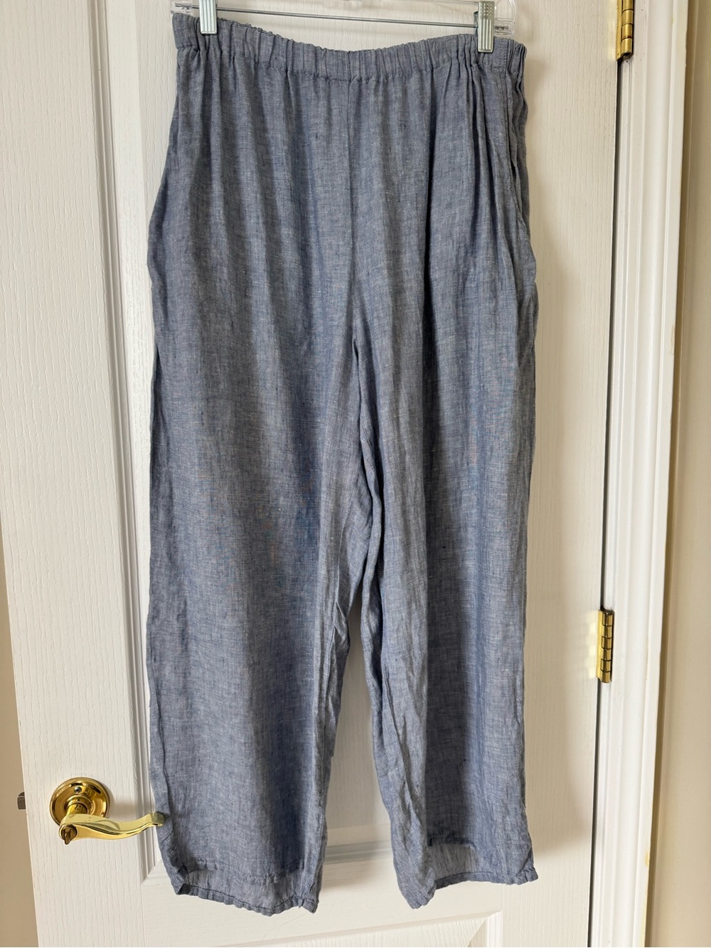 FLAX Linen Pants Medium Chambray Blue Wide Leg Cropped Pull On